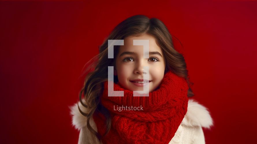 Smiling young girl in winter scarf against red background.