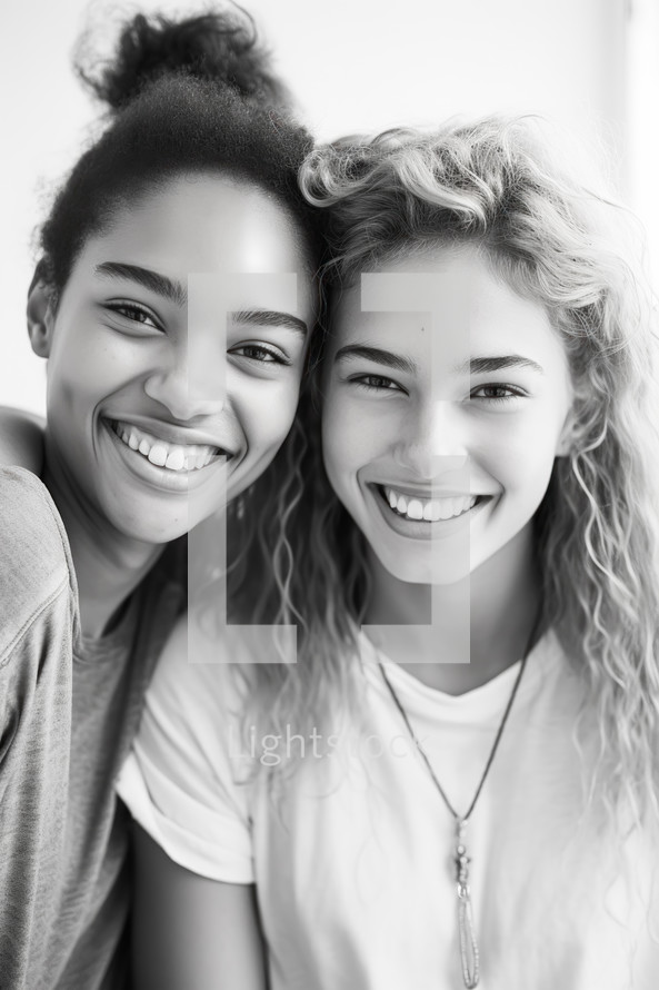 Portrait of two beautiful young female teens expressing positive emotions.
