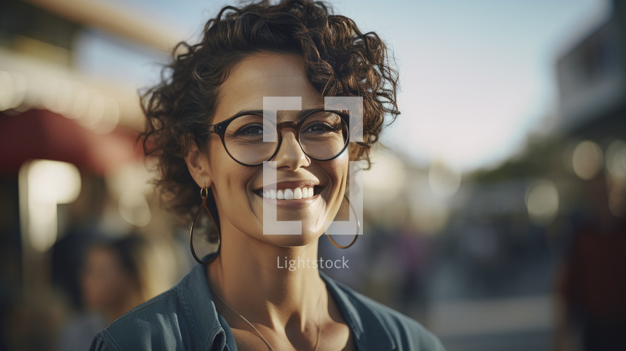 Young beautiful woman with glasses in urban background.