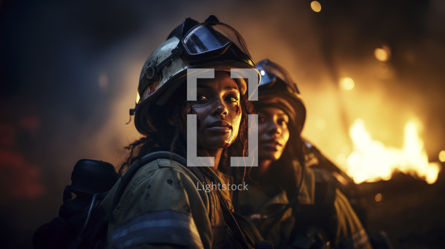Portrait of two female firefighters with helmet in urban background.