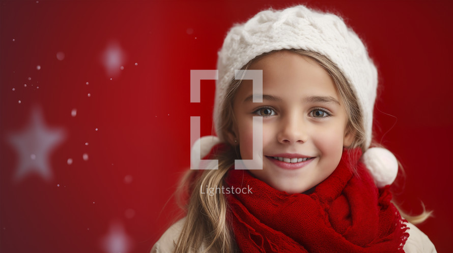 Smiling young girl in winter hat and scarf against red background.