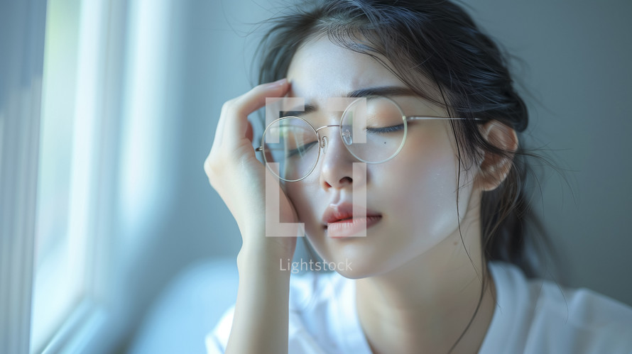 Exhausted young woman with glasses resting her head.
