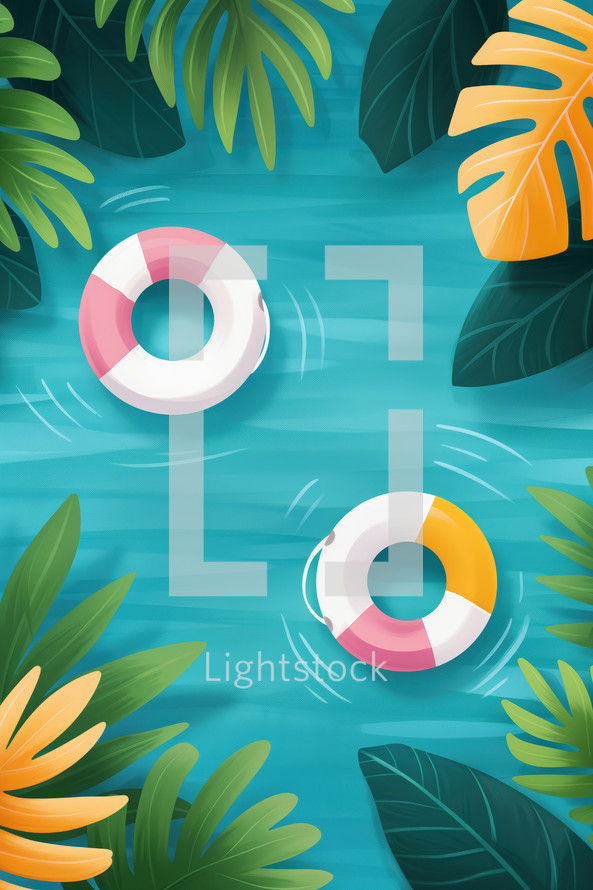 Illustrative poster featuring lifebuoys floating in a turquoise pool surrounded by lush tropical leaves. Perfect for promoting summer events, pool parties, and tropical-themed festivals.