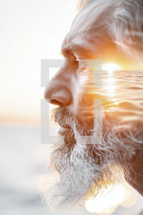Double exposure portrait of man with sunset and ocean.