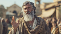 A figure resembling the biblical Paul speaking earnestly, dressed in traditional robes, set in an ancient marketplace.