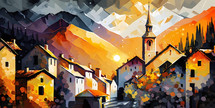 Abstract painting concept. Colorful art of a small french village in the Alps.