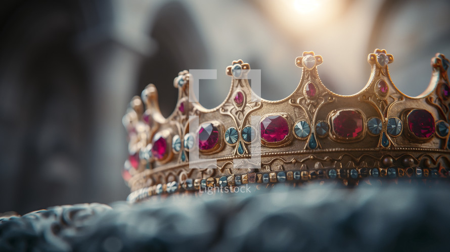 A richly jeweled golden crown illuminated by divine light, symbolizing royalty and biblical authority.