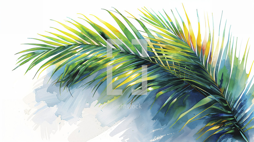 Vibrant watercolor painting of a palm branch, symbolizing Palm Sunday celebration in Christian tradition.