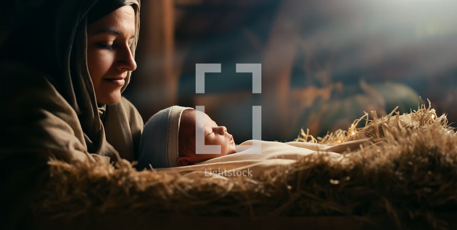 Mary sits next to baby Jesus in a manger. Nativity of Jesus. Christmas concept.