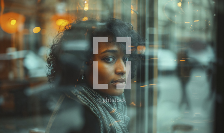 Moody portrait of a young woman with contemplative eyes looking through a glass window in a city café.