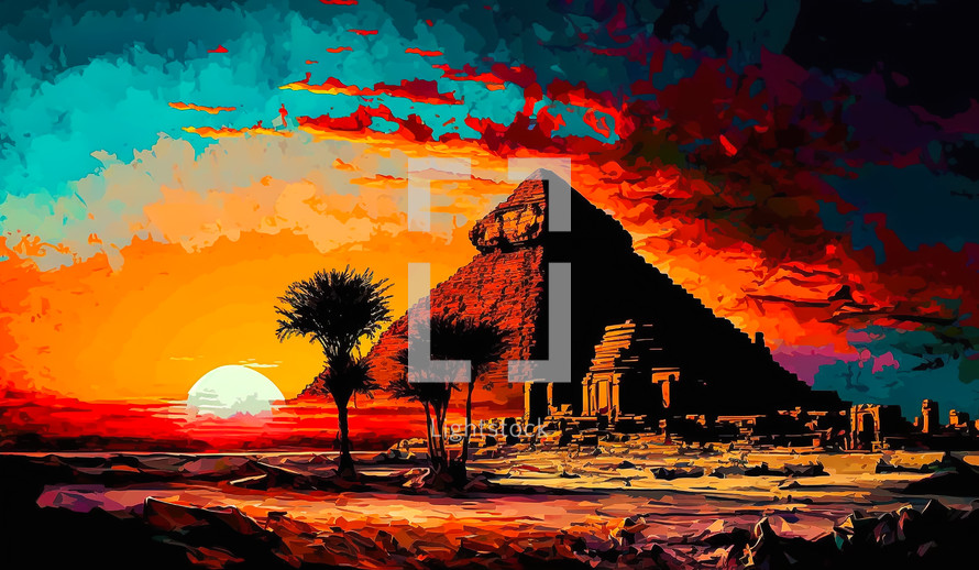 Colorful AI illustration of an Egyptian pyramid. 