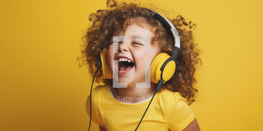 Joyful little girl with curly hair enjoying music with yellow headphones against a vibrant yellow background.