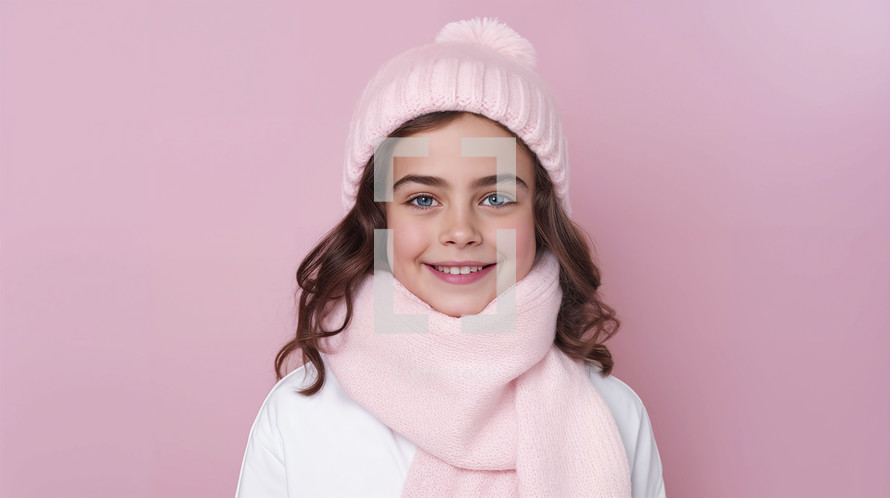 Smiling young girl in winter hat and scarf against pink background.