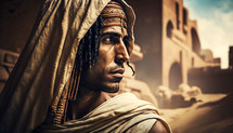 Colorful AI portrait of Joseph in Egypt. Old testament. Christian illustration.