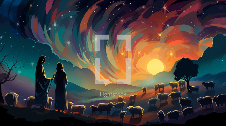Shepherds in the field looking at the sky. Nativity of Jesus. Christmas concept.