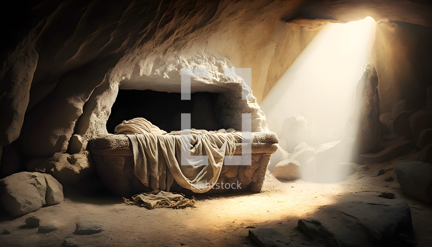 Realistic painting art of the empty tomb of Jesus. Christian illustration.