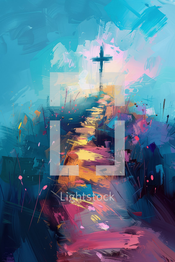 Impressionist depiction of a path leading to the cross, symbolizing the journey to faith, amidst a colorful, abstract landscape.
