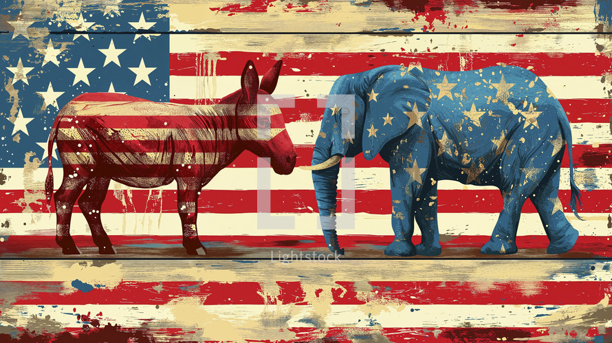 Stylized representations of a donkey and an elephant with the American flag, symbolizing the Democratic and Republican parties.