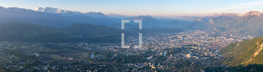 French landscape - Chartreuse. Panoramic view over the city of Grenoble with Vercors and Alps in the background.