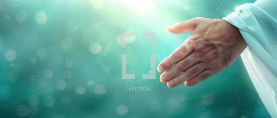 Outstretched hand with a soft, ethereal light and teal bokeh background, symbolizing a gesture of blessing or guidance in a Christian faith context. Perfect for religious themes.