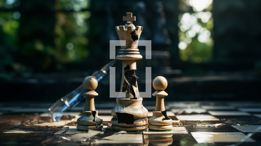 Conceptual image of king chess piece breaking apart with two pawns. 