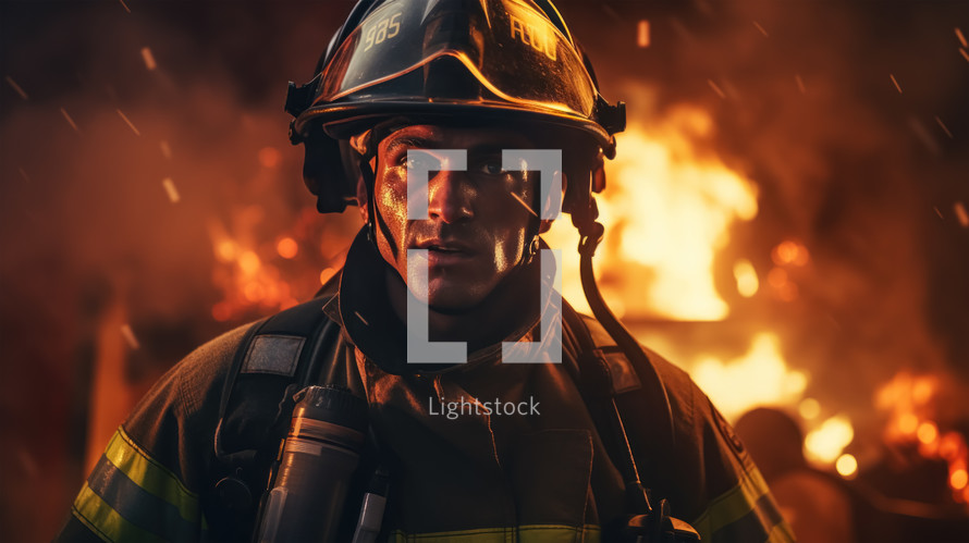 Portrait of a firefighter with helmet and burning buildings in the background.