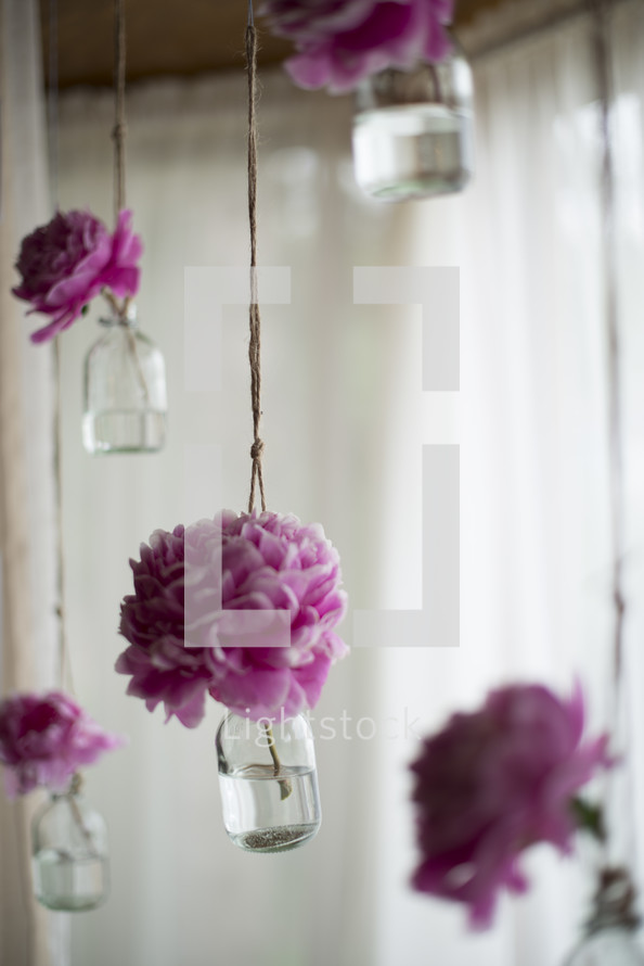flowers in vases hanging from a ceiling 