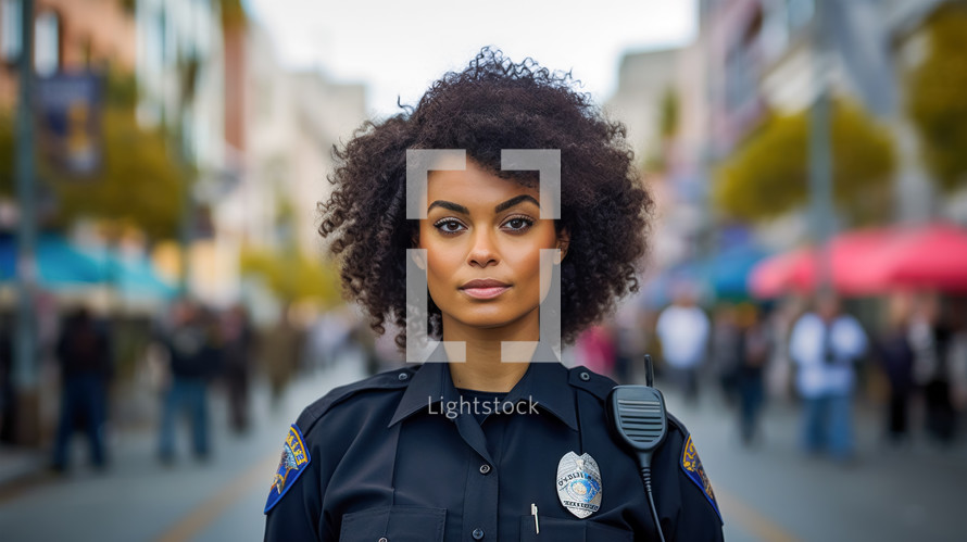 Portrait of a female smiling police officer in urban background.