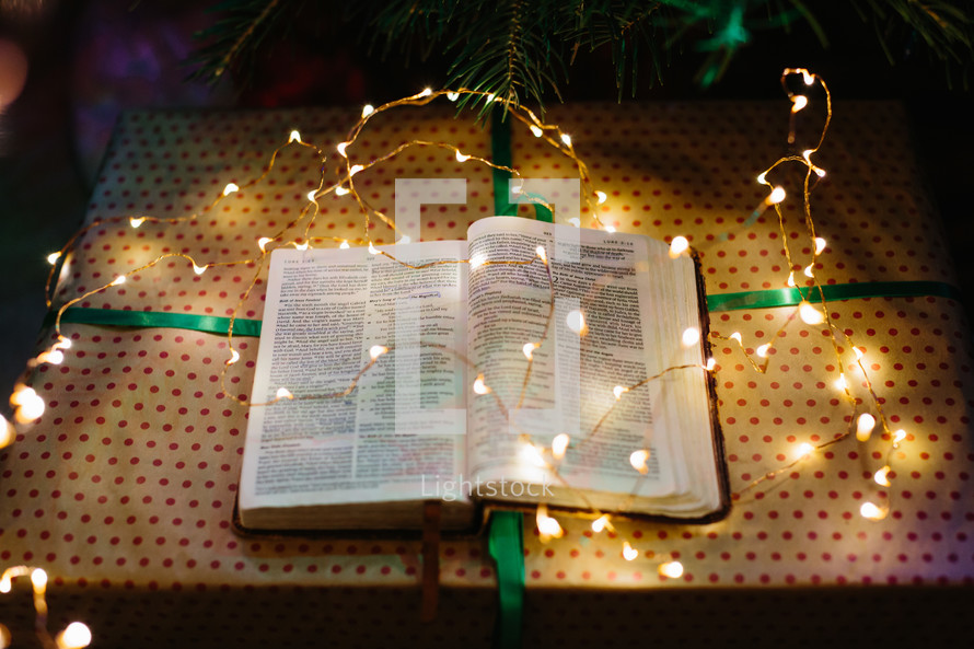 Bible under a Christmas tree