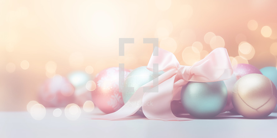 Christmas background with colorful baubles, ribbon and glitter light bokeh.