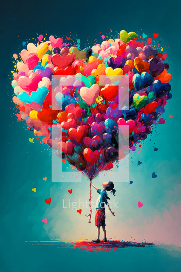 Abstract art. Colorful painting art of a child with heart balloons. Mother's day or Father's day concept. Background illustration.