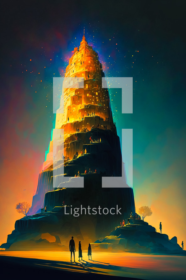 Colorful AI illustration of the Tower of Babel.