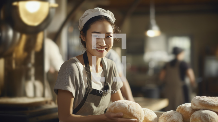 Portrait of a young and beautiful female asian baker kneading dough in a bakery.