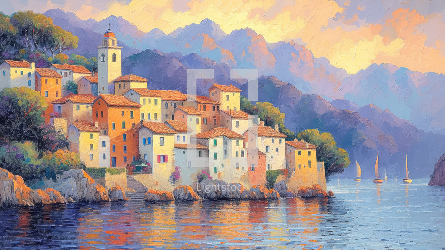 Sunset bathes a quaint Mediterranean village in golden light, where rustic houses cluster near the serene sea, evoking the timeless charm of the French Riviera.