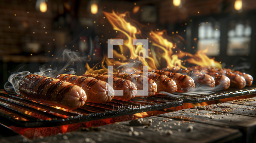 Juicy grilled sausages with fiery backdrop, ideal for BBQ themes.