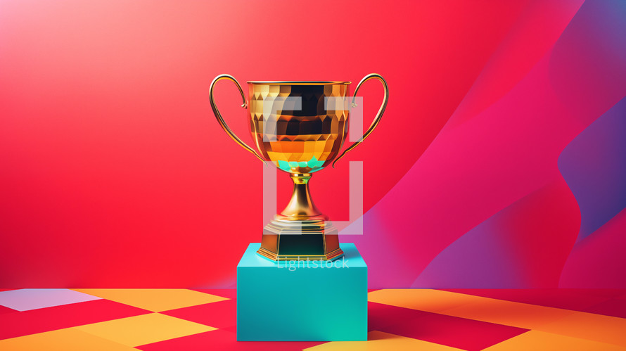 Gold trophy on a colorful background. 