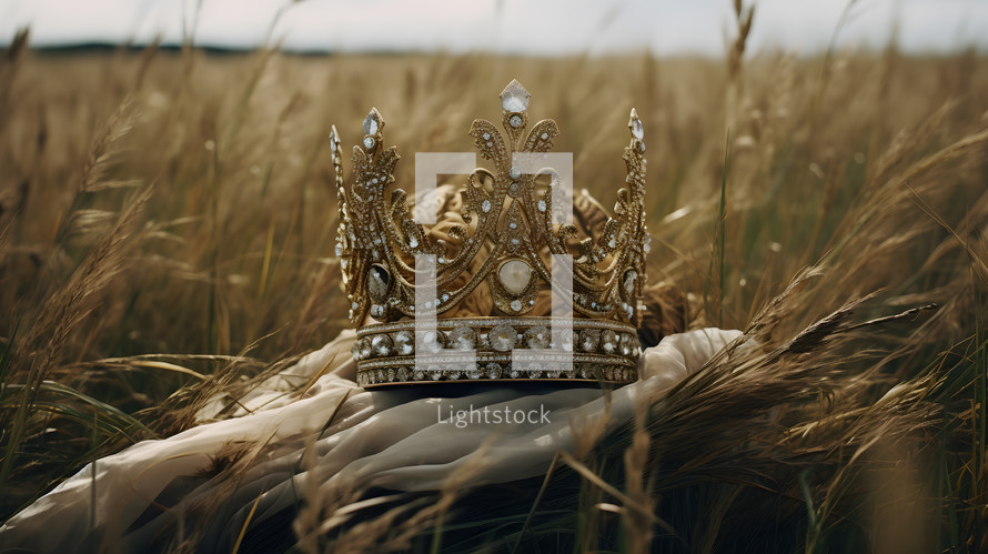 A kingly crown is placed on a garment in the field of grass. A vision of royalty and lordship in the midst of a Harvest season. 