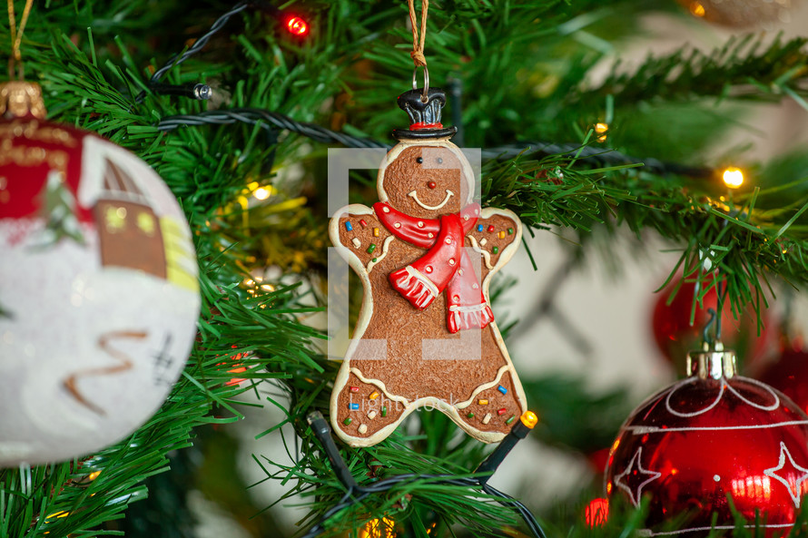 Gingerbread ornament hanging on a Christmas tree