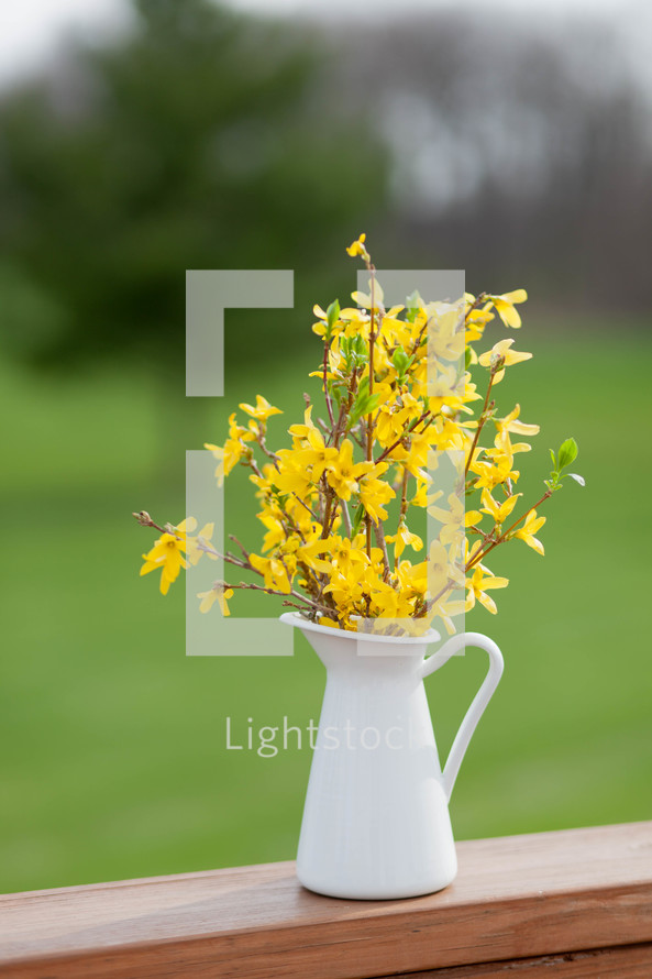 yellow flowers in a pitcher on wood railing 