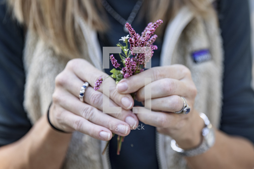 Woman's hands holding purple flowers