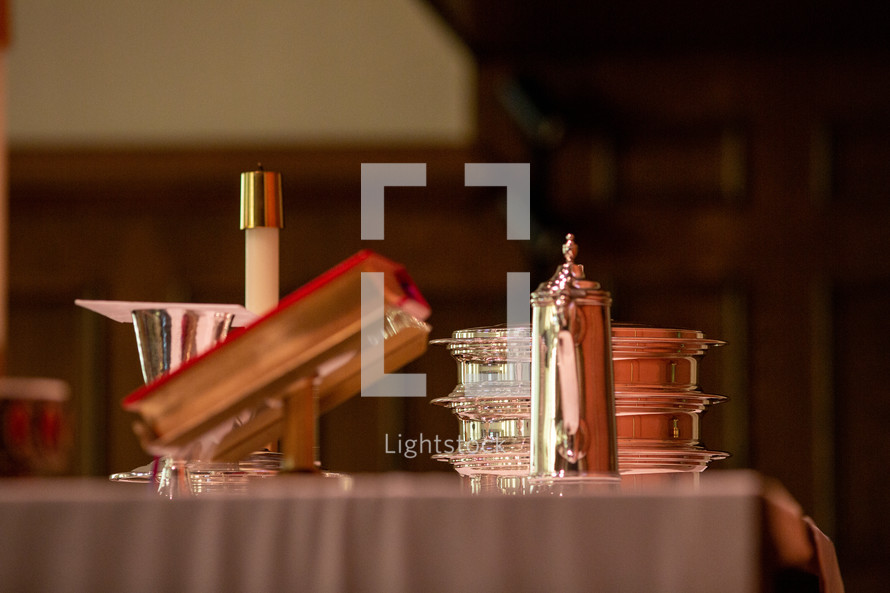 communion trays on an altar 