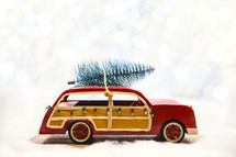 Christmas Tree on Retro Car with Copy Space