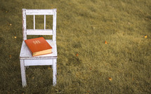 A Bible on a wood chair in the grass 