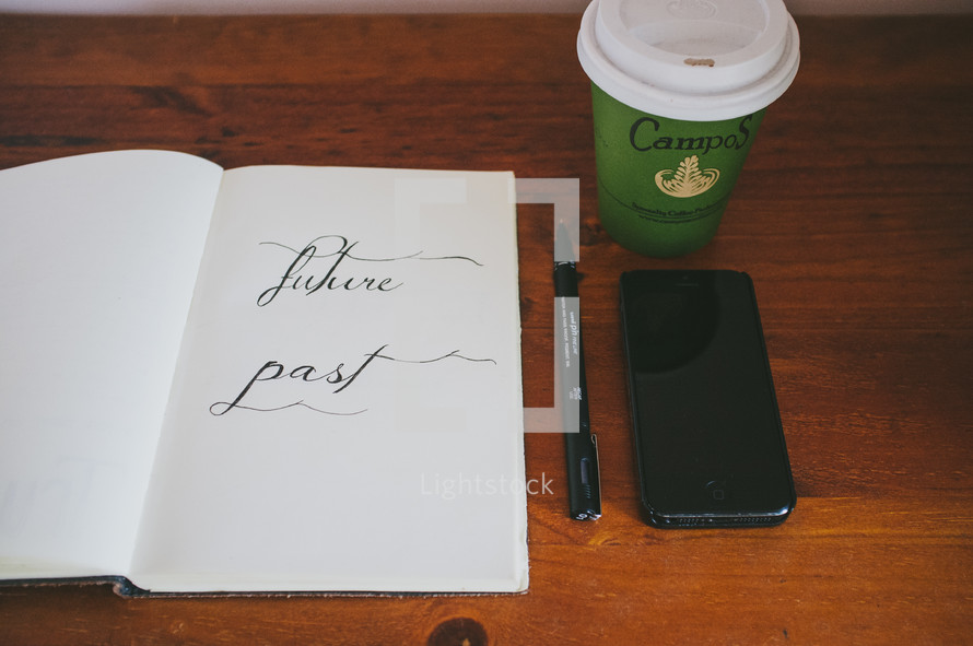 future, past, journal, coffee cup, pen, iPhone 