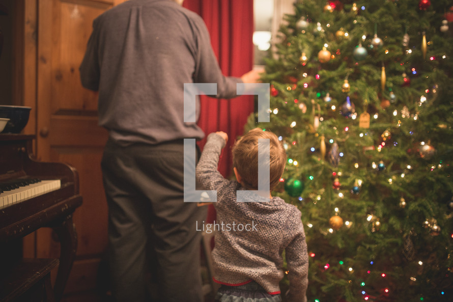 father and son decorating a Christmas tree 