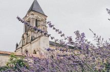 flowers in front of a church in France 