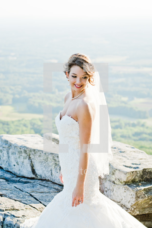 a bride standing on a mountain top 