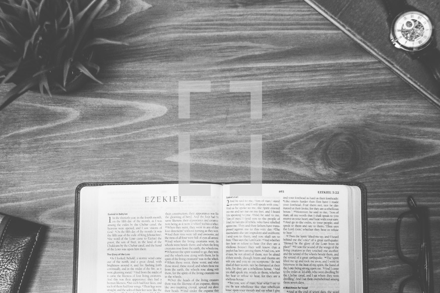 Ezekiel, open Bible, Bible, pages, reading glasses, wood table 