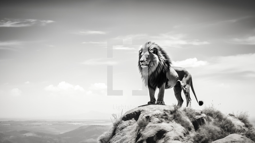 Strong lion looking out over a mountain top in black and white.