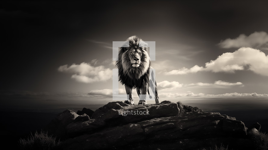 Lion standing on a mountain top in black and white.